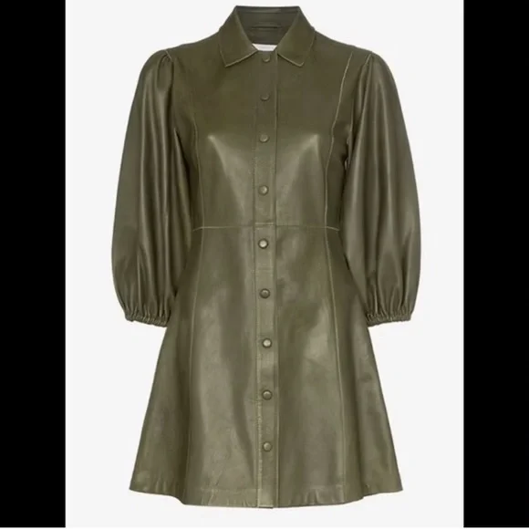 GANNI Leather Olive Green Meranti Puffed
Sleeve Dress Goddess - Size 38 EU/ 8 US - Picture 3 of 14